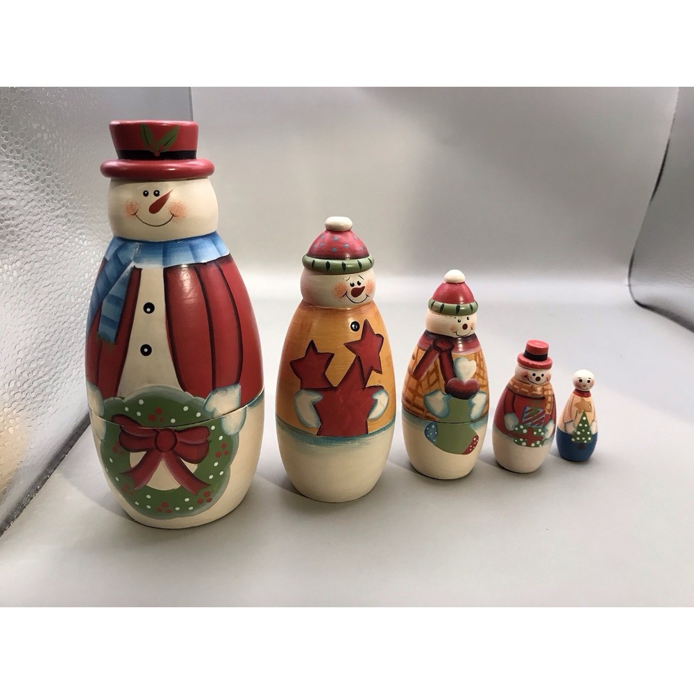 Group Of 5 Nesting Snowmen Wood Painted - Picture 5 of 5